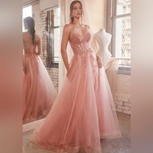 Rose gold or emerald green  beaded tulle strapless long ball gown dress
